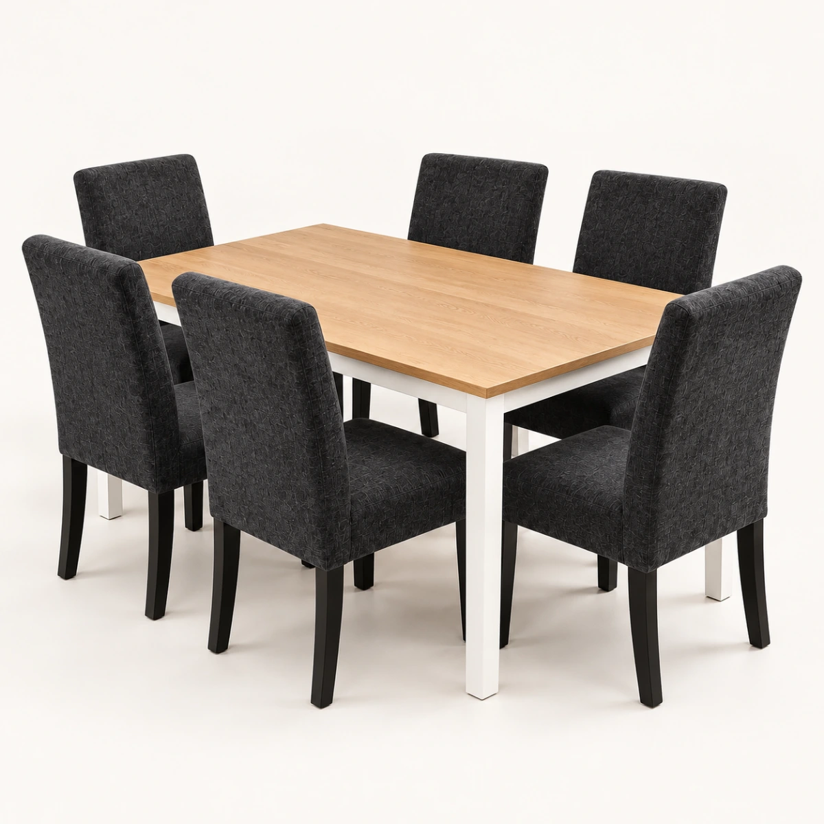 Mesa con patas blancas y seis sillas tapizadas